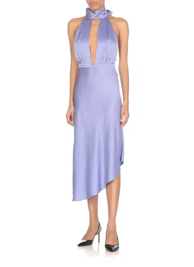 Shop Elisabetta Franchi Satin Dress With Asymmetric Skirt In Iris