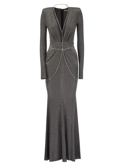 Shop Elisabetta Franchi Red Carpet Dress In Lurex Jersey With Body Chain In Grey