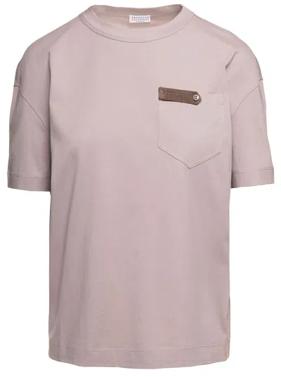 Shop Brunello Cucinelli Beige Crewneck T-shirt With Monile Detail In Cotton Woman In Pink Antique
