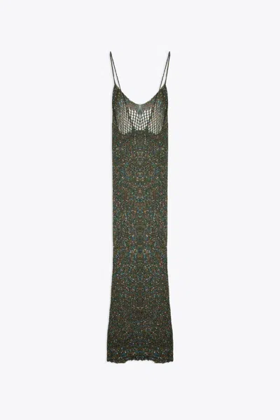 Shop Laneus Pailletes Dress Woman Military Green Net Knitted Long Dress With Sequins In Verde Militare