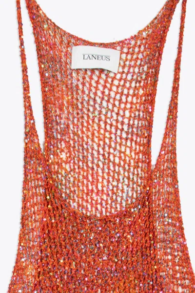 Shop Laneus Pailletes Tank Woman Orange Net Knitted Short Dress With Sequins In Corallo