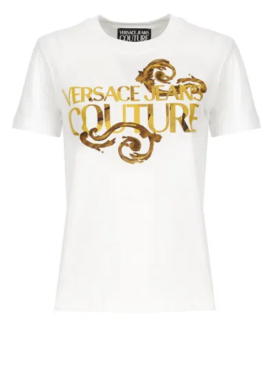Shop Versace Jeans Couture Logoed T-shirt In White Gold