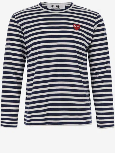 Shop Comme Des Garçons Long Sleeve T-shirt With Striped Pattern And Logo In Blue