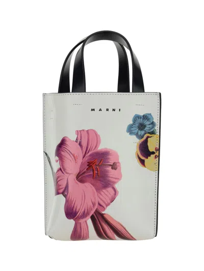 Shop Marni Flower Print Tote In Lily White/pink/black