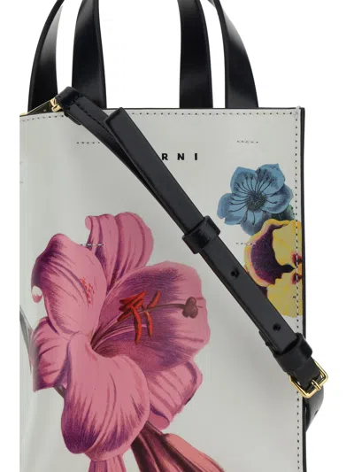 Shop Marni Flower Print Tote In Lily White/pink/black
