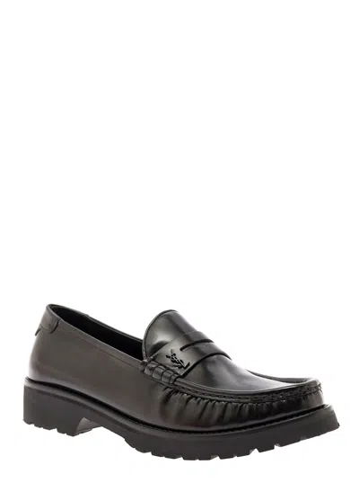 Shop Saint Laurent Black Loafers With Platform And Ysl Logo In Leather Man In Nero