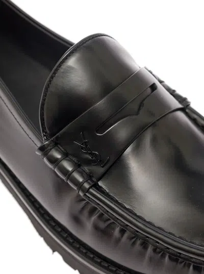 Shop Saint Laurent Black Loafers With Platform And Ysl Logo In Leather Man In Nero