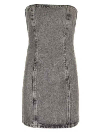Shop Rotate Birger Christensen Denim Grey Mini Dress With Rhinestones In Grigio