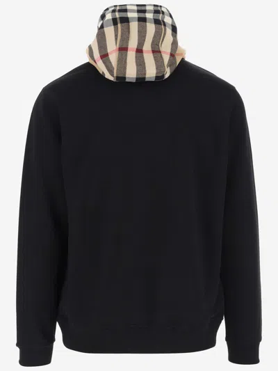 Shop Burberry Cotton Hoodie With Check Pattern In Black