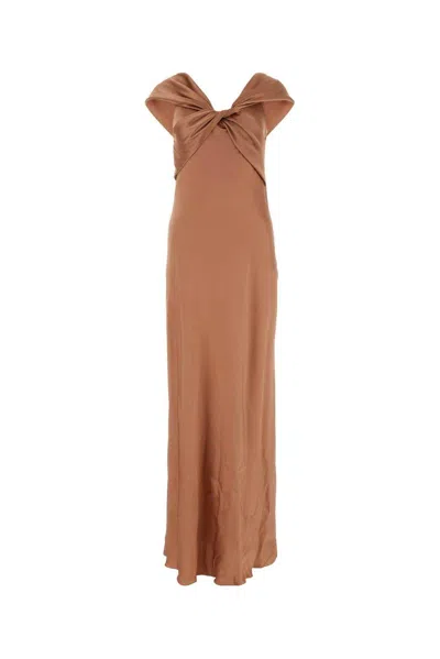 Shop Alberta Ferretti Bow Detailed Flared Maxi Satin Dress In Marrone