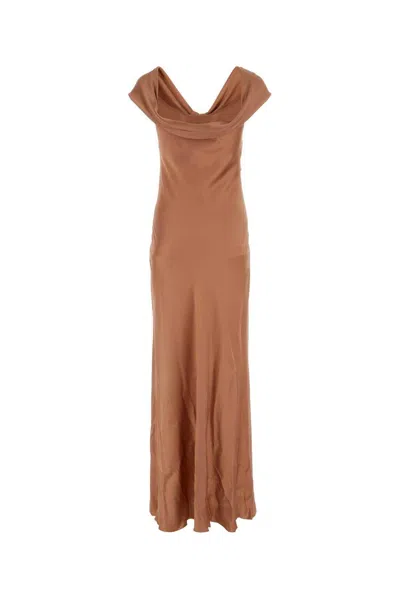 Shop Alberta Ferretti Bow Detailed Flared Maxi Satin Dress In Marrone