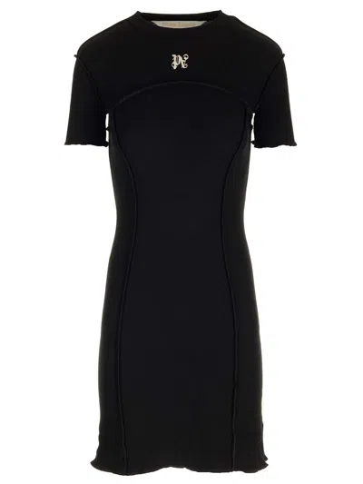 Shop Palm Angels Black Mini Dress With Monogram In Nero