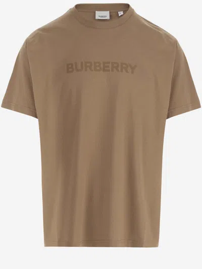 Shop Burberry Cotton T-shirt With Logo In Beige