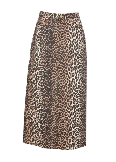 Shop Ganni Leopard Denim Maxi Slit Skirt In Animalier