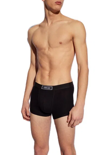 Shop Versace 90s Logo-waistband Stretched Boxer Briefs In Nero