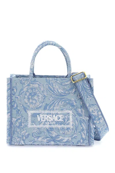 Shop Versace Athena Barocco Small Tote Bag In Blu E Oro