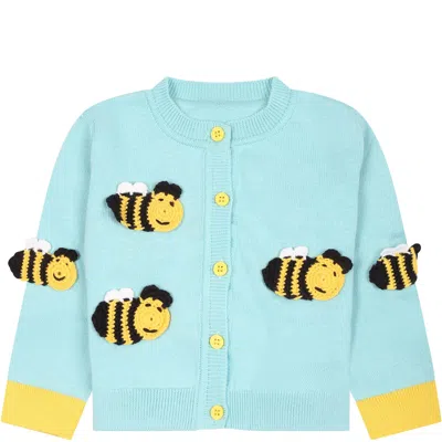Shop Stella Mccartney Light Blue Cardigan For Baby Girl With Bees In Celeste