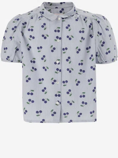 Shop Bonpoint Cotton Shirt With Cherry Pattern In Celeste