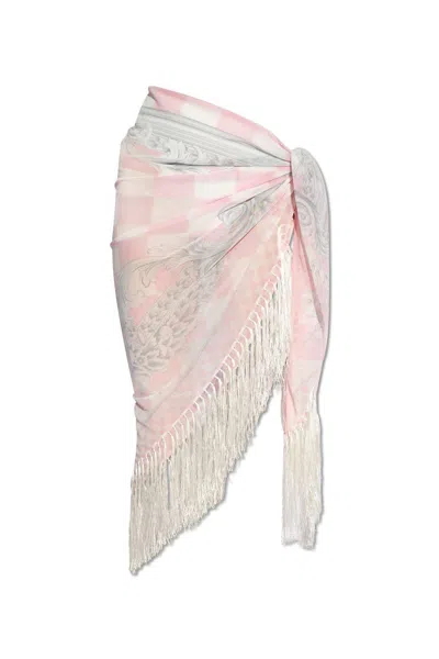 Shop Versace Barocco-printed Fringed Cover-up In Rosa E Bianco