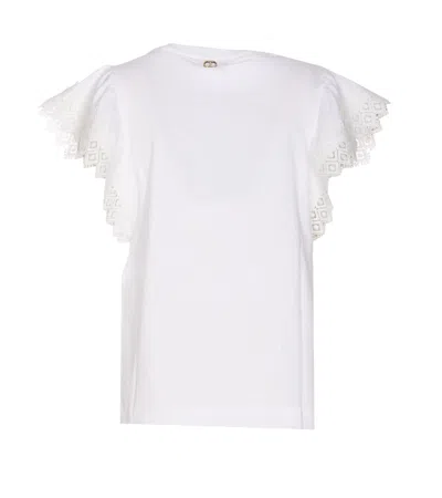 Shop Twinset T-shirt With Macrame Sleeves In Bianco