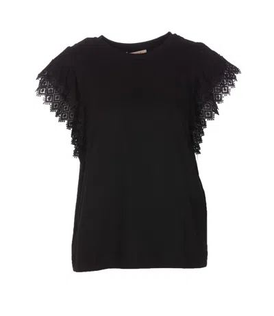 Shop Twinset T-shirt With Macrame Sleeves In Nero