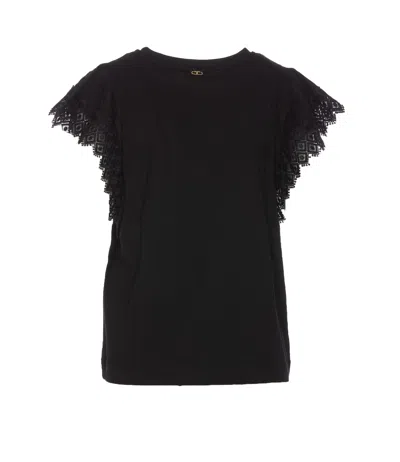 Shop Twinset T-shirt With Macrame Sleeves In Nero