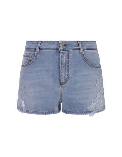 Shop Ermanno Scervino Blue Denim Shorts With Lace In Blu Denim