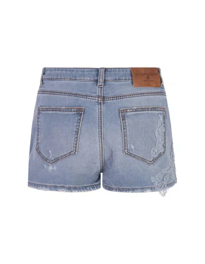 Shop Ermanno Scervino Blue Denim Shorts With Lace In Blu Denim