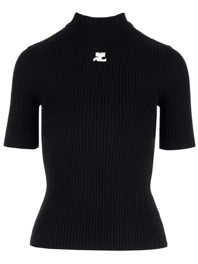 Shop Courrèges Ribbed Fitted Top In Black
