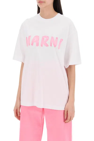 Shop Marni T-shirt With Maxi Logo Print In Bianco/rosa