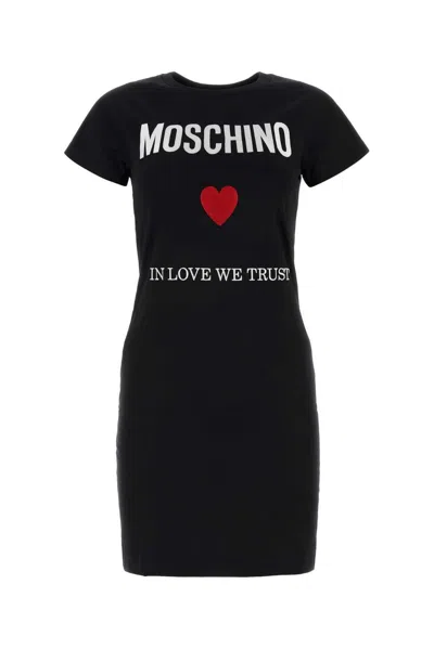 Shop Moschino Logo Embroidered Crewneck Mini T-shirt Dress In Nero