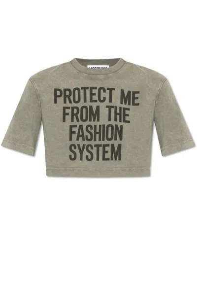 Shop Moschino Slogan Printed Crewneck Cropped T-shirt In Grigio