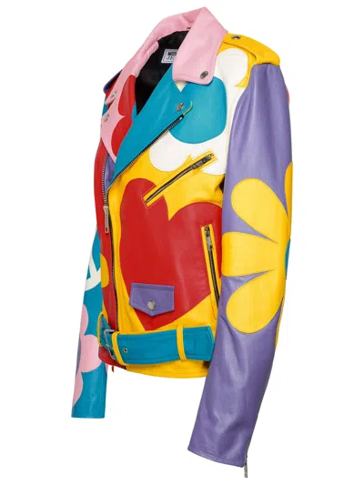 Shop M05ch1n0 Jeans Multicolor Sheepskin Biker Jacket In Multicolour