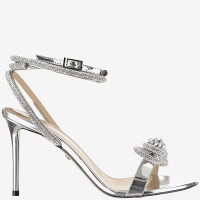 Shop Mach &amp; Mach Leather Sandals With Rhinestone Bow In Silver