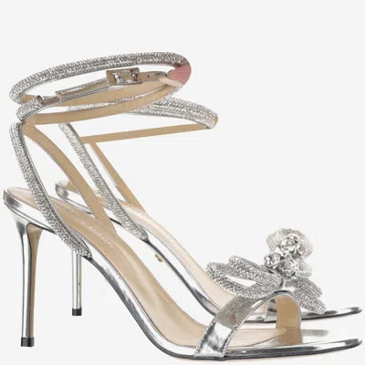 Shop Mach &amp; Mach Leather Sandals With Rhinestone Bow In Silver