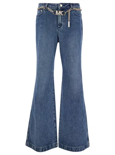 Shop Michael Kors Blue Flared Jeans With Chain Belt In Denim Woman