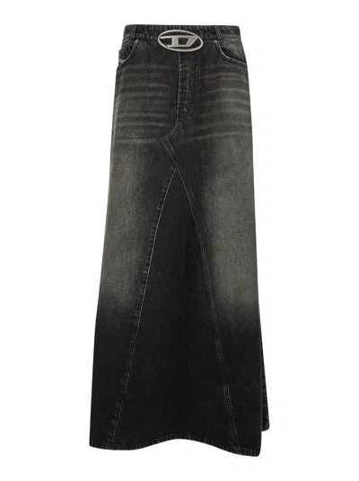 Shop Diesel Balck Long Skirt With Oval D Detail In Denim Woman In Black/denim