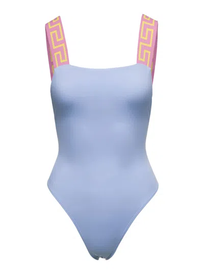 Shop Versace Light Blue One-piece Swimsuit With Greca Motif On The Straps In Polyamide Woman