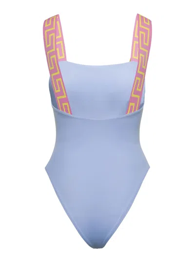 Shop Versace Light Blue One-piece Swimsuit With Greca Motif On The Straps In Polyamide Woman
