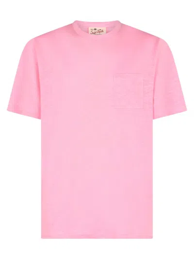 Shop Mc2 Saint Barth Linen T-shirt With Front Pocket In Bubble Pink