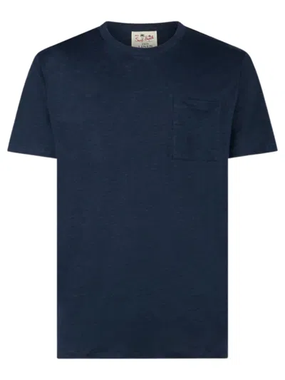 Shop Mc2 Saint Barth Linen T-shirt With Front Pocket In Marine Blue