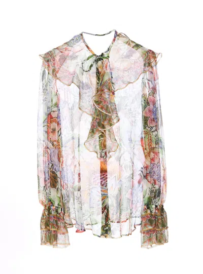 Shop Etro Silk Printed Shirt With Rouches In Stampa Fdo Bianco