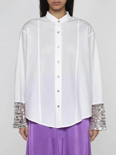 Shop Forte Forte Sequins Mesh Cuffs Cotton Shirt In Silver