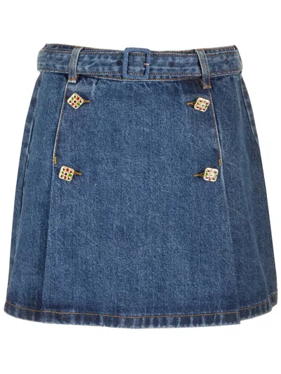 Shop Self-portrait Denim Miniskirt With Jewel Buttons In Blue
