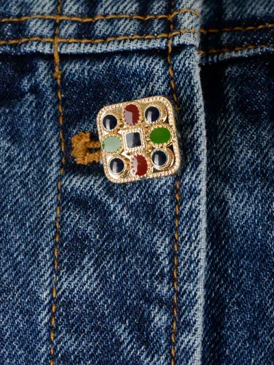 Shop Self-portrait Mini Denim Jacket With Jewel Buttons In Blue