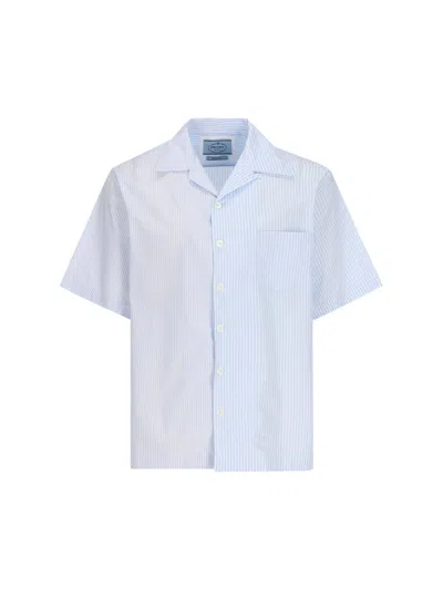 Shop Prada Striped Short-sleeved Button Up Shirt In Bianco+cielo