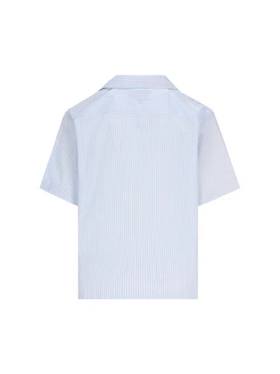 Shop Prada Striped Short-sleeved Button Up Shirt In Bianco+cielo