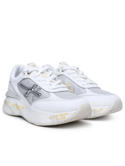 Shop Premiata Moerund Sneakers In Leather And White Fabric In Bianco