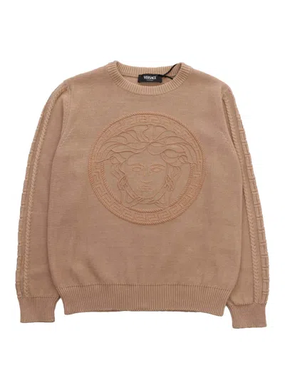 Shop Versace Beige Sweater With Medusa Logo