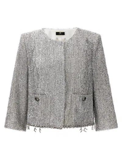 Shop Elisabetta Franchi Lurex Tweed Cropped Jacket In Silver